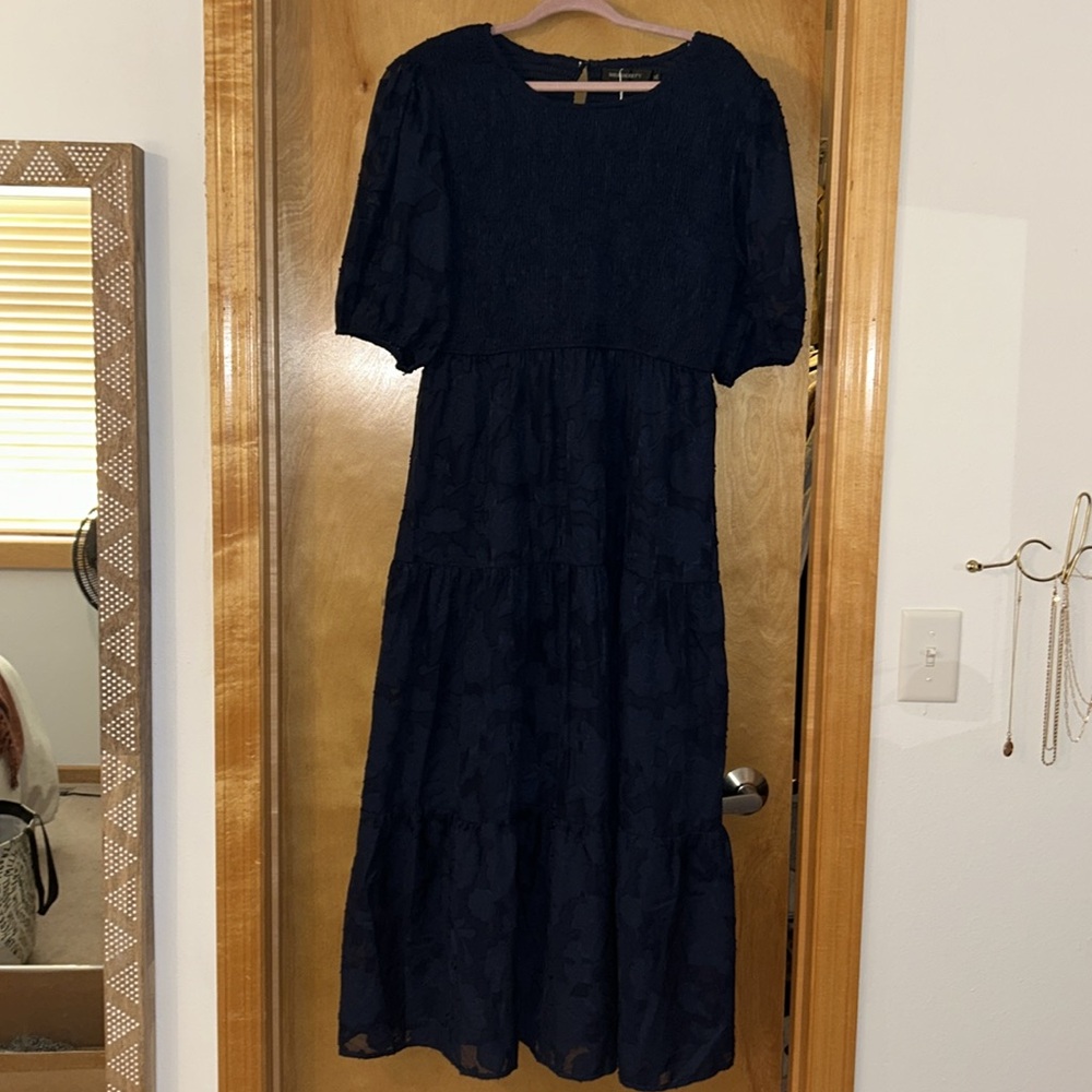 Puff Sleeve Smocked Floral Dress Crewneck Lace Flowy Tiered Midi Dress - Picture 2 of 4